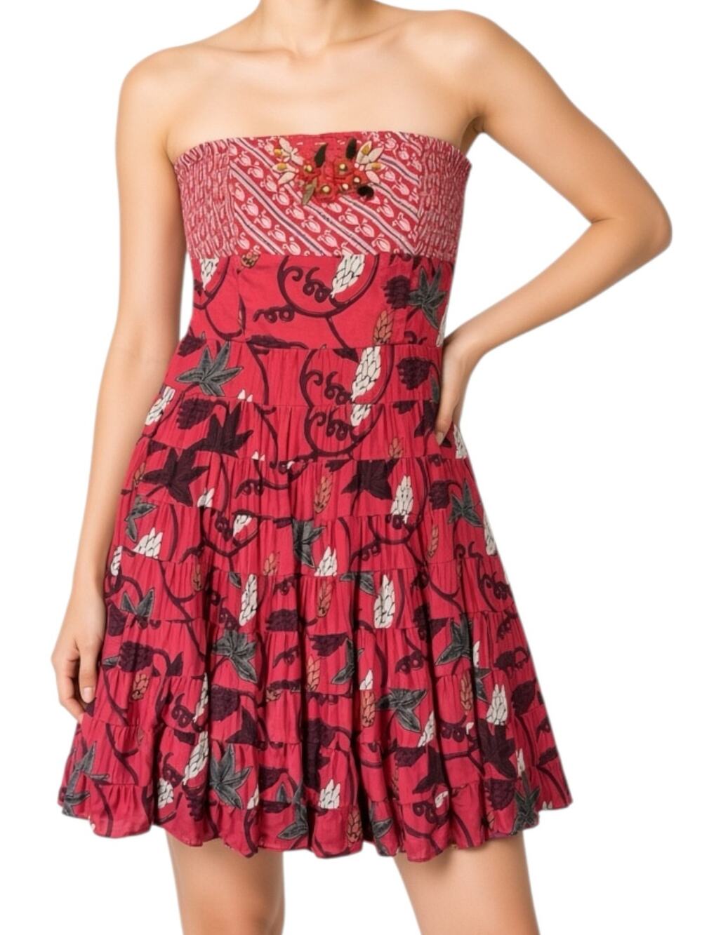 Free People Vintage Y2K Strapless Tiered Floral Mini Dress Beaded Embroidered